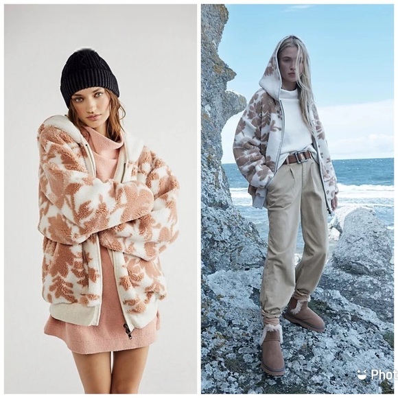Free People Jackets & Blazers - Free People Canyon Moon‎ Cardigan Zip Up Sherpa Teddy Hooded Floral Jacket XS